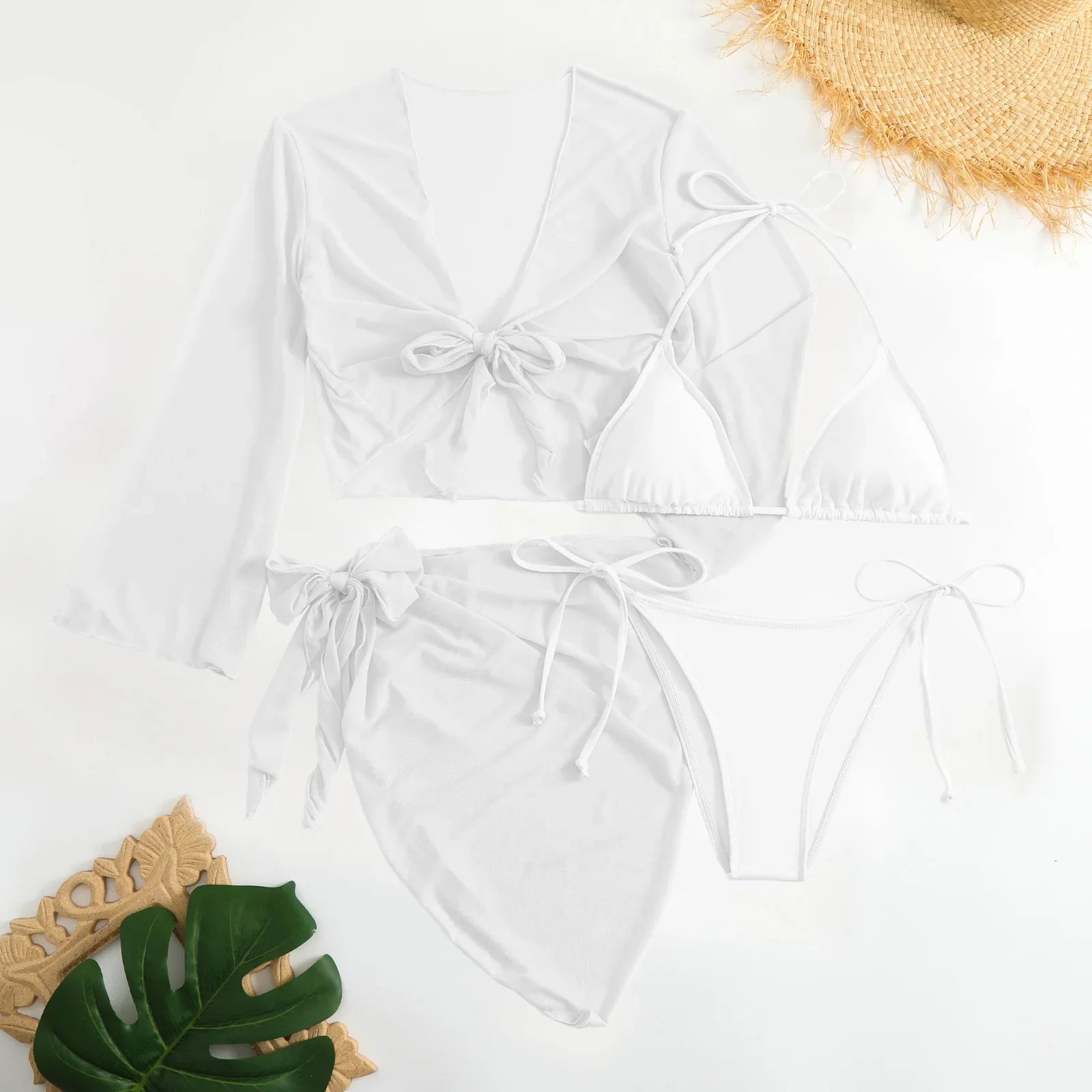 Women Micro Mini String Bikini Sets â€?4 Pieces with Mesh Cover Tops and Skirt Swimsuit Bathing Outfits