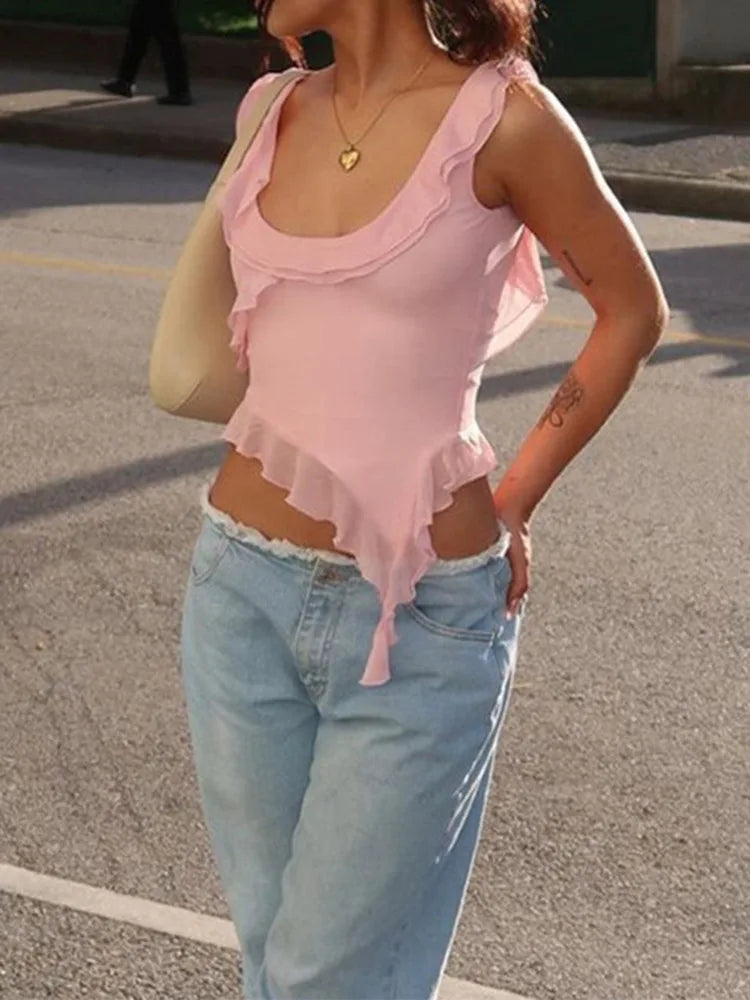 Fashion O-neck Sleeveless Tank Top Sexy Ruffles Backless Irregular Crop Tops  Summer Casual Streetwear Women Camis