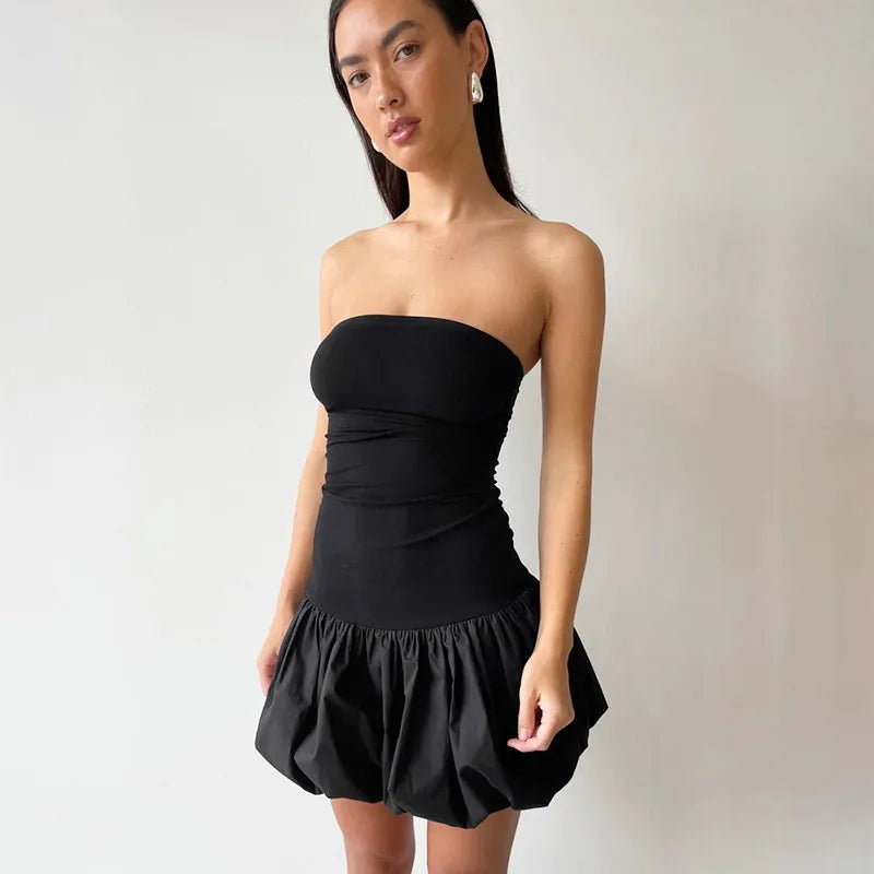 Contrast Color Mini Folds Dress For Women Strapless Sexy Slim Sleeveless Ruched Splice Y2K Beach Female Club Party Dress