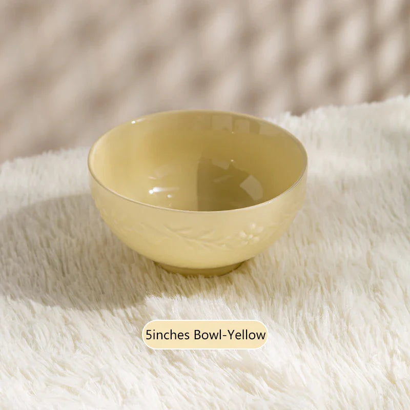 Glossy Solid Ceramic Serving Plate Floral Print Cute Bowl Versatile Dishes Simple Kitchen Tablewares