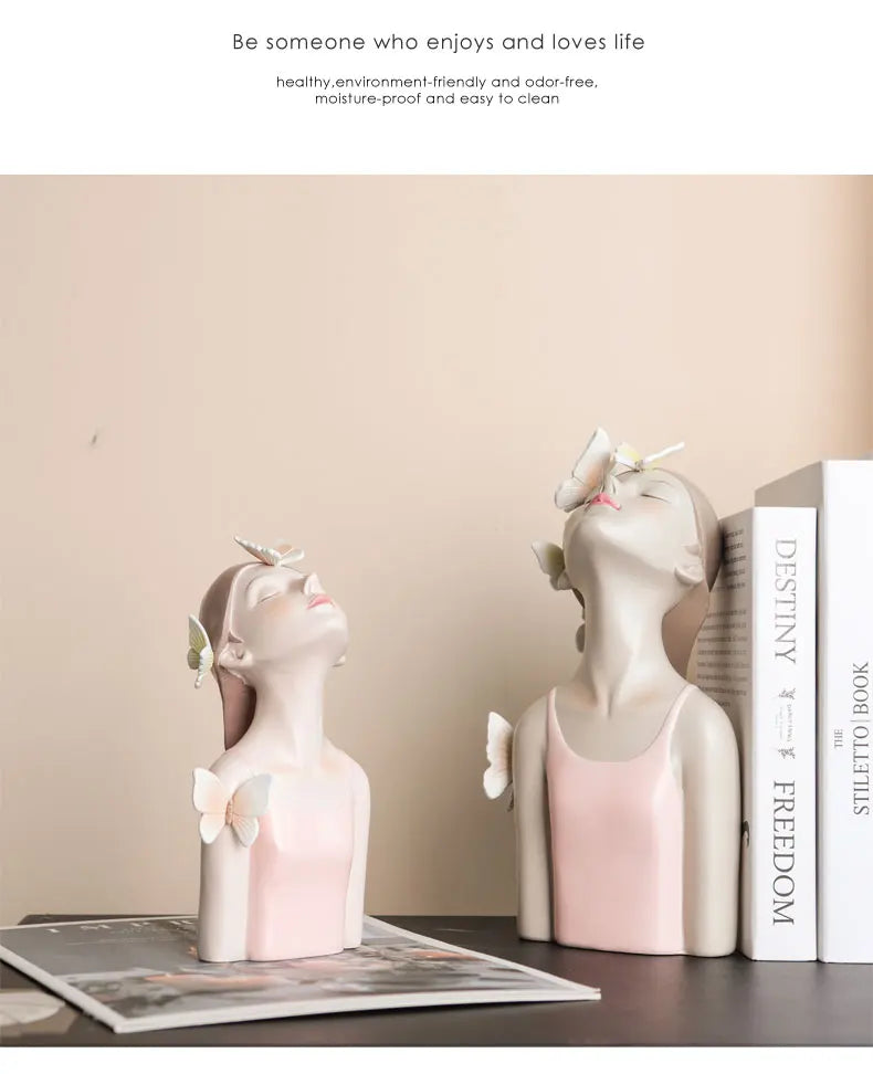 Pink Girl Butterfly Fairy Figurines, Resin Tabletop Statues, Creative Girl Bust With Butterflies, Home Decor Craft