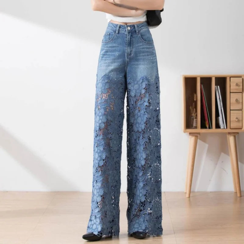 Women High Waist Lace Patchwork Pantalones Hollow Out Oversized Spring Casual Loose All Match Pants