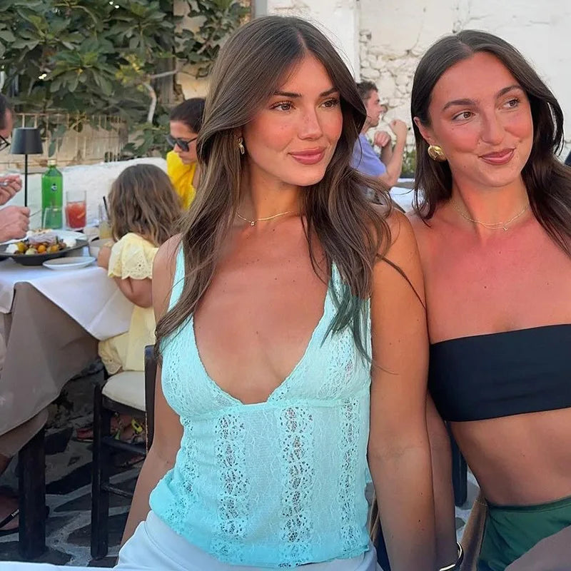 Woman Clothes Lace Tank Tops Sexy Deep V-neck See-through Sleeveless Blue T Shirt Female Corset Crop Top Party Clubwear