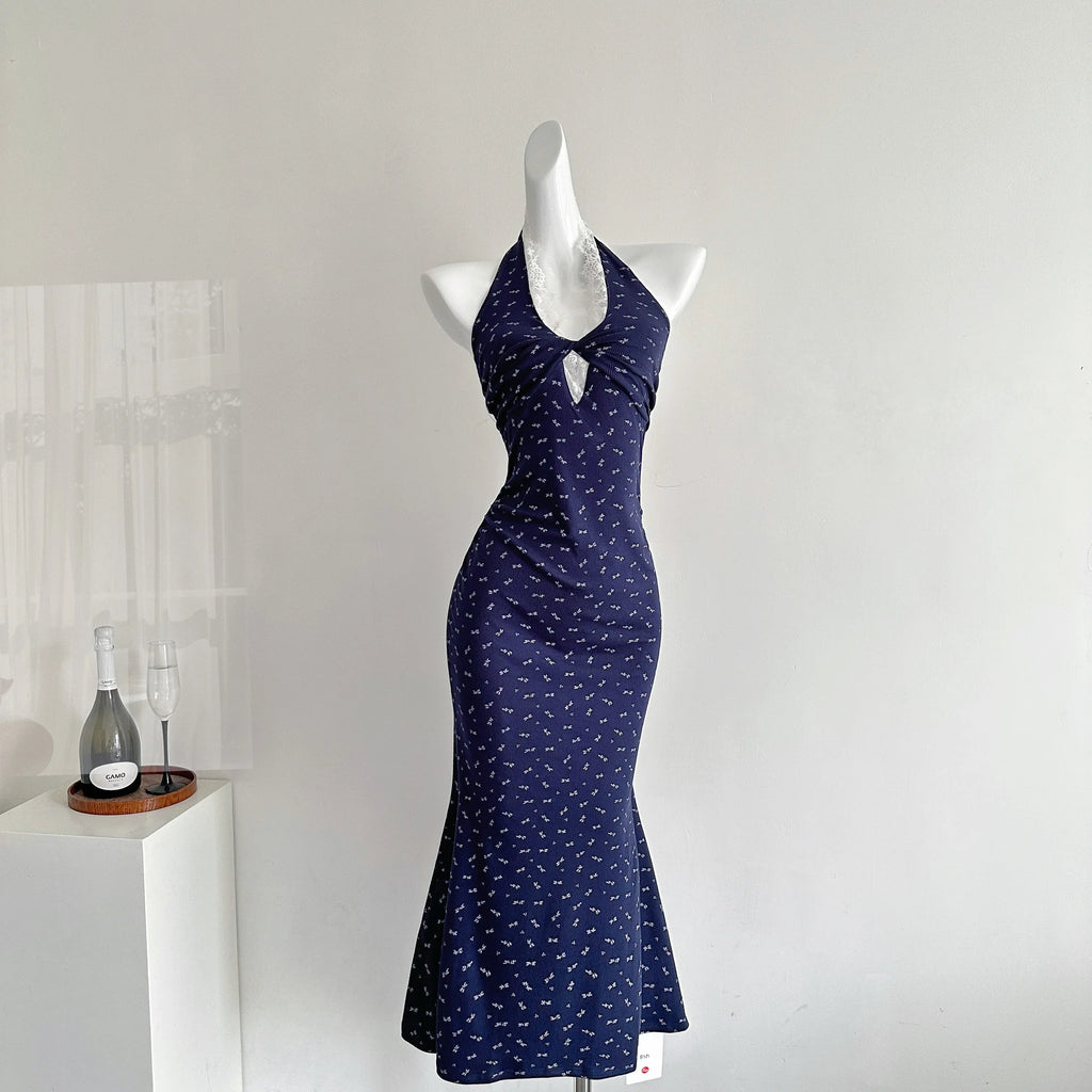 Women Stylish Maxi Trumpet Mermaid Halter Dress Backless One-Piece Dress