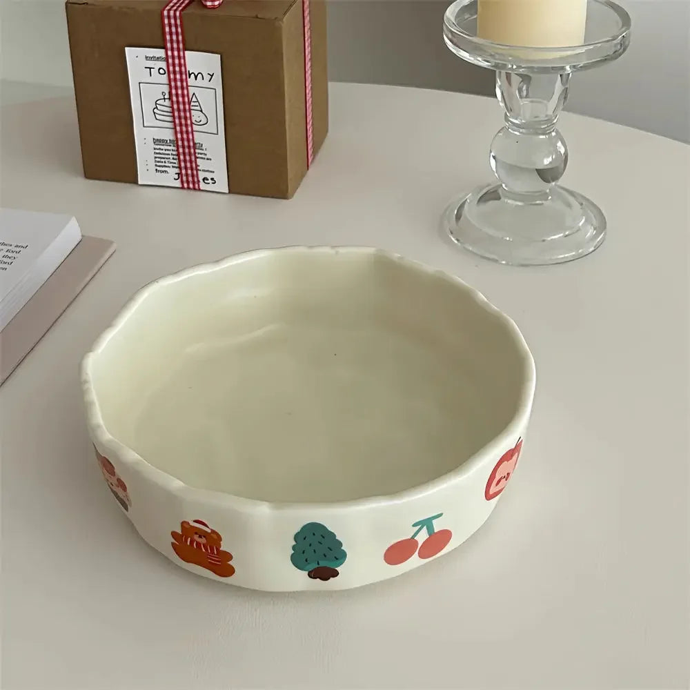 Cute Little Design Matte Hand Pressed Ceramic Deep Plate Cartoon Bowl