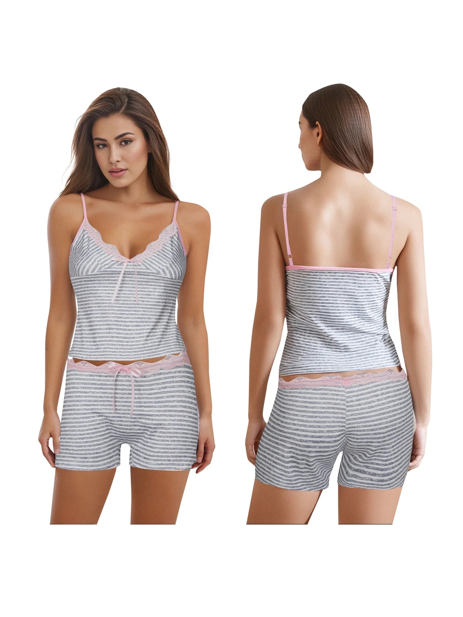 Elegant Striped Pajama Set with Lace Trim V Neck Spaghetti Strap Top Low Rise Mini Shorts - 2 Piece Sleepwear