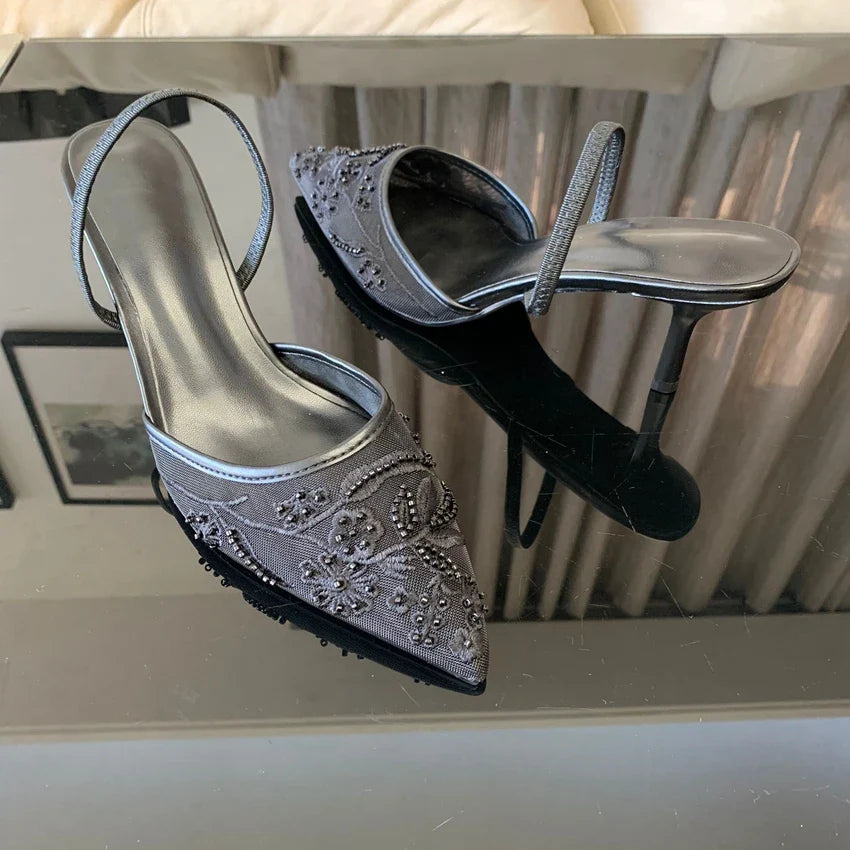 Brand Designer White Women Pumps Mesh Embroidered Flowers Back Strap Sexy Slingback High Heels