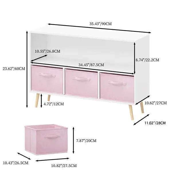 White/Pink Kids Bookcase with Collapsible Fabric Drawers, Children's Book Display, Toy Storage Cabinet Organizer
