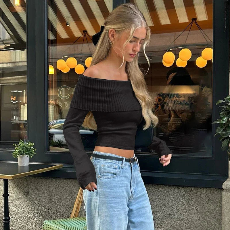 Tight Solid Elegant Off Shoulder Ribbed Crop Tops Summer Fashion Casual Skinny Long Sleeve Camisole