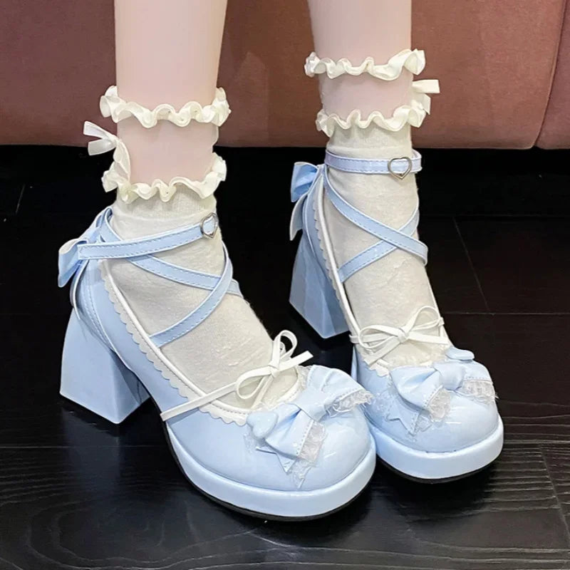 Round Toe Square Heel Increased Fashion Elegant High Heel Women's Shoes Bow Decorated Mary Jane Shoes