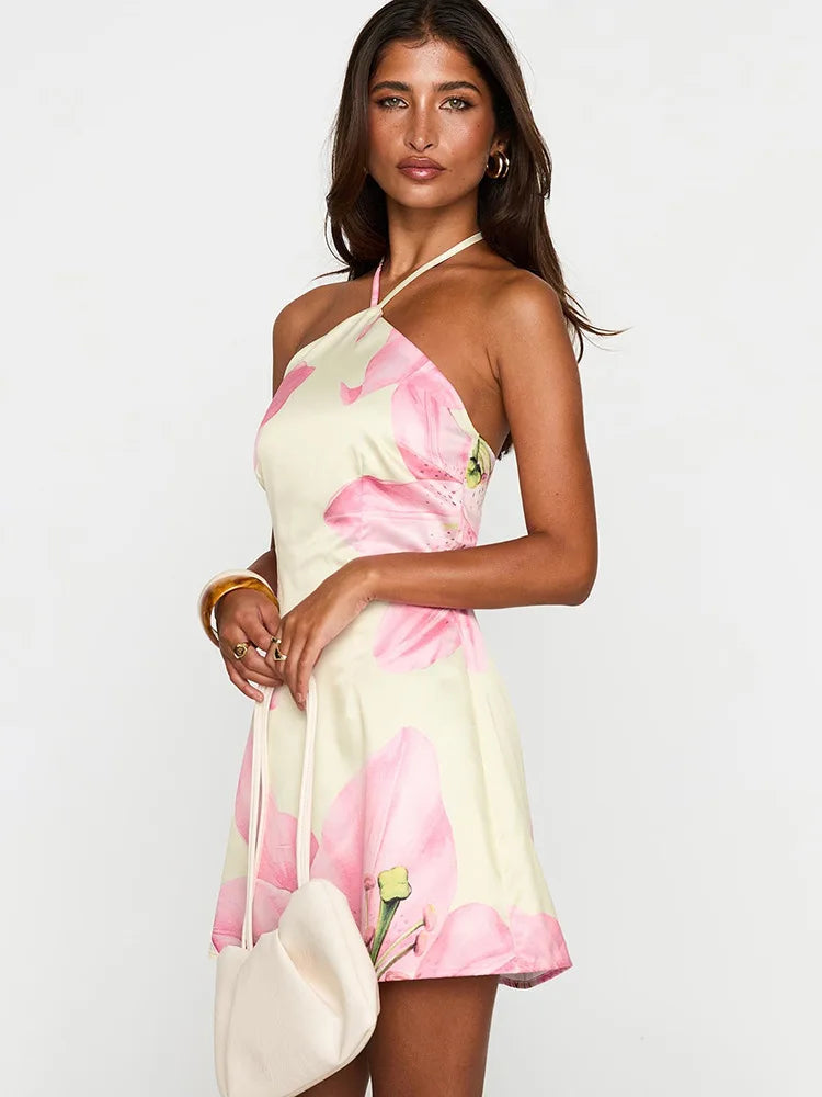 Halter Contrast Print Lace Up Fashion Slim Mini Dress A-line Dress