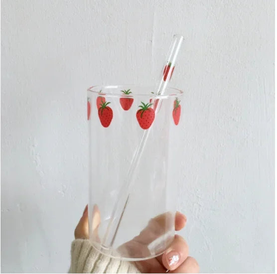 Strawberry Cute Glass Cup With Straw Creative Transparent Water Cup Student Milk Heat Resistant Glass 300ml