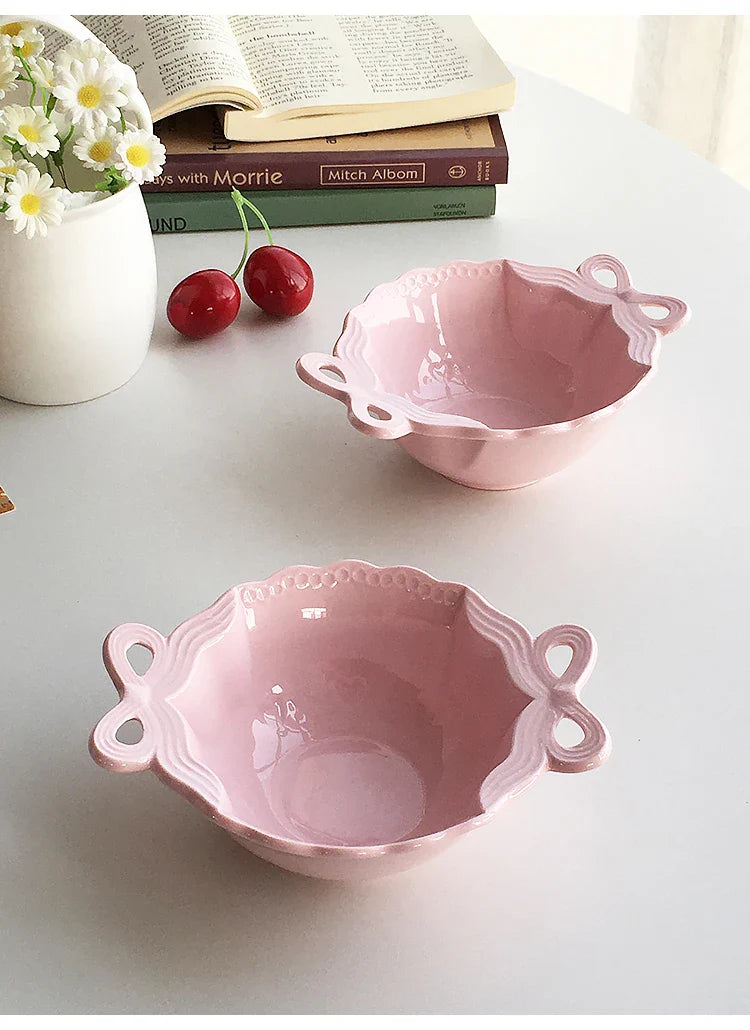Porcelain Bowl Cute Hollow Out Bow Relief Solid Color Ceramic Dinnerware