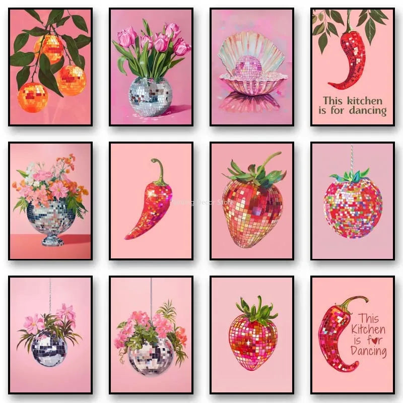 Retro Abstract Fruit Disco Ball Orange Miorrorball Creative Poster Canvas Paintings Wall Art Pictures