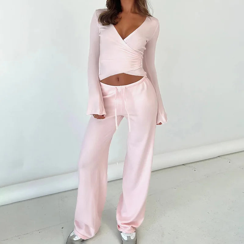 Fashion Drawstring High Waist Trousers Set Lace Up Flared Sleeve V Neck Twist Tops Plush Loose Pants Suit