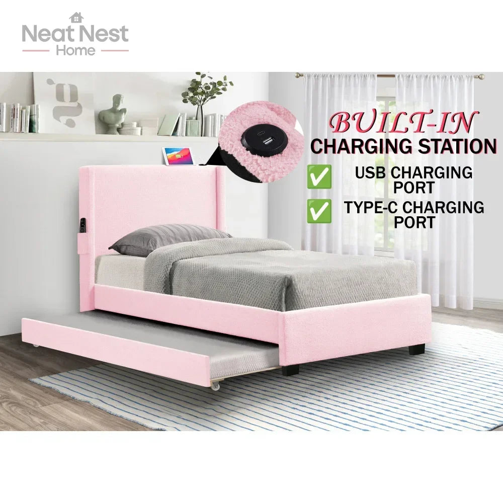 Pink Twin Size Bed Frame with Removable Trundle USB Functionality, Single Bed .Bedroom Furniture No Box Spring Required Bed Frame