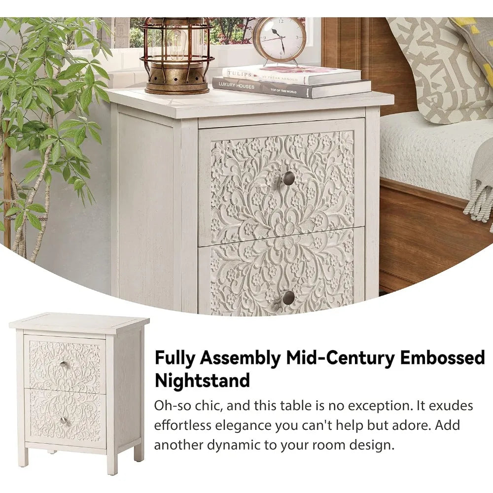 French Country Modern Set of 2 Farmhouse Style Fully-Assembled Nightstand with 2-Drawer, Flower Motif End Table for Small Spaces