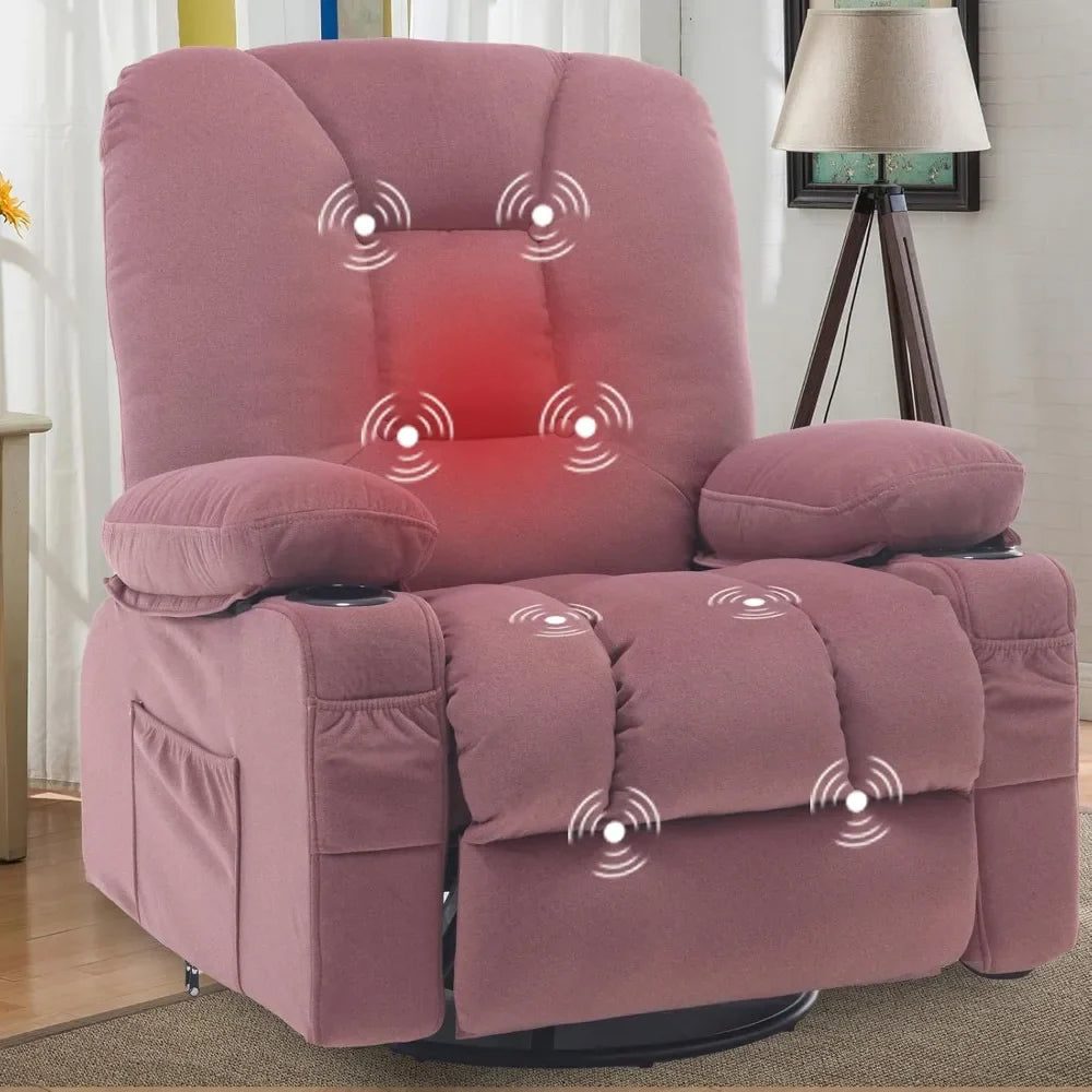 Recliner Chairs for Adults, Rocker Recliners with Massage and Heat, Overstuffed Fabric Swivel Glider with Cup Holder Side