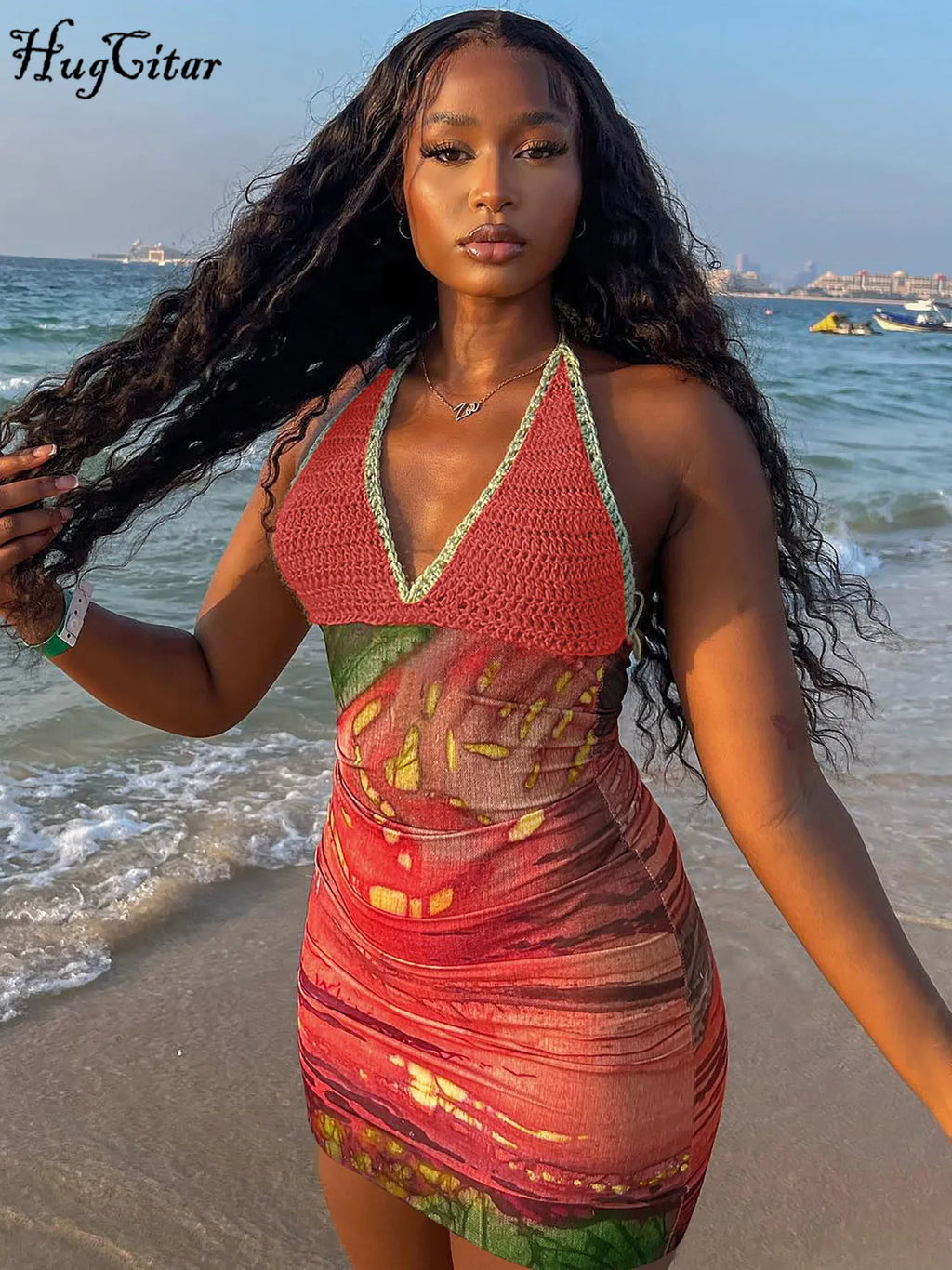 Halter Knitted Scenery Print Backless Lace Up Sexy Mini Dress Women Fashion Clothes