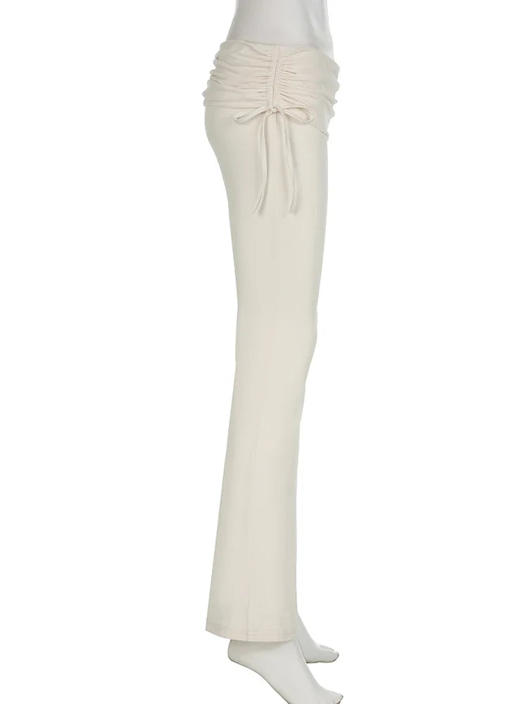 Casual Solid Drawstring Patchwork Pants Slim Low-Waisted Flare Pants Women - Spring Summer Fashion Ladies Streetwear