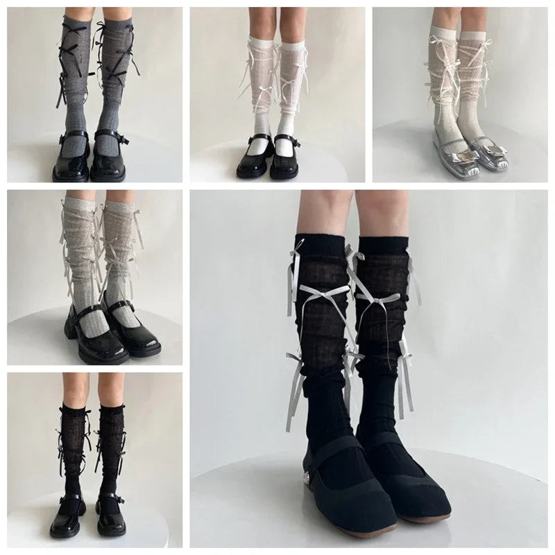 Sweet Lolita Style Stockings Students Fashion Basic Bowknot Knee-high Socks Cotton Fabric Women Mid-calf Sock