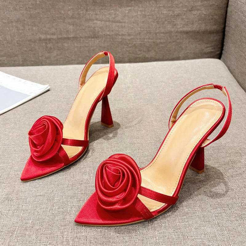 Fashion Silk Rose Flowers Pointed Open Toe Back Strap Women High Heels
