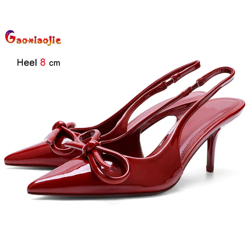 Sexy Women's Red Bow Pointed Toe Patent Leather Back Strap Stiletto Shoes