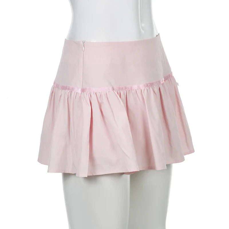 Hot-sweet Pink Spliced Summer Mini Skirt Bow Fashion Cute Folds A-Line Women Skirts Coquette Clothes