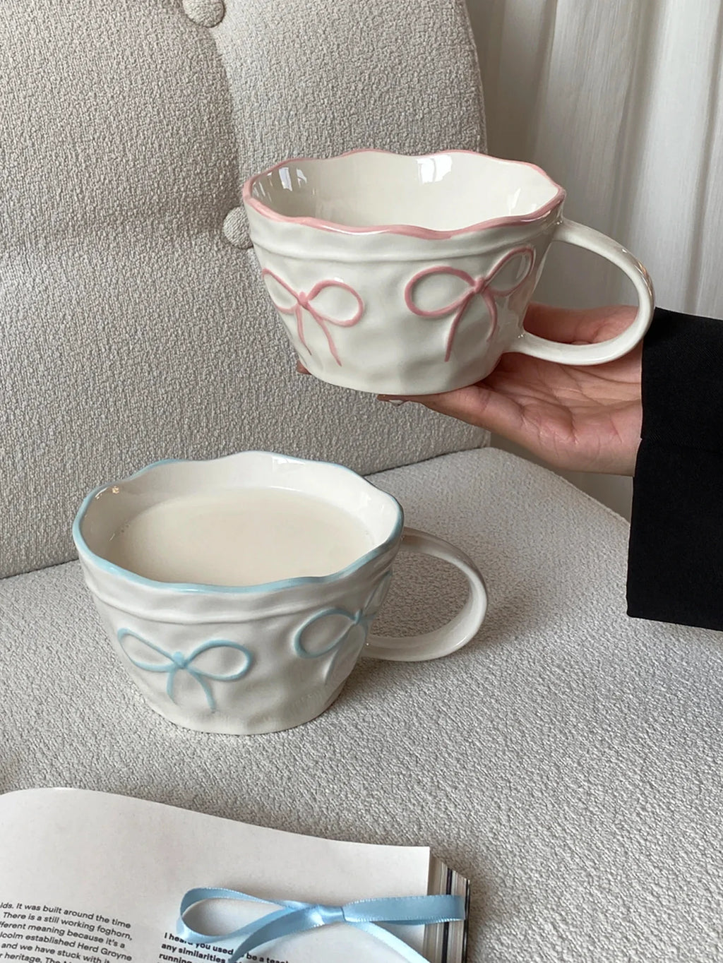 Ceramic Bow Mug, Exquisite and Simple Bow Large Capacity Couple Cup