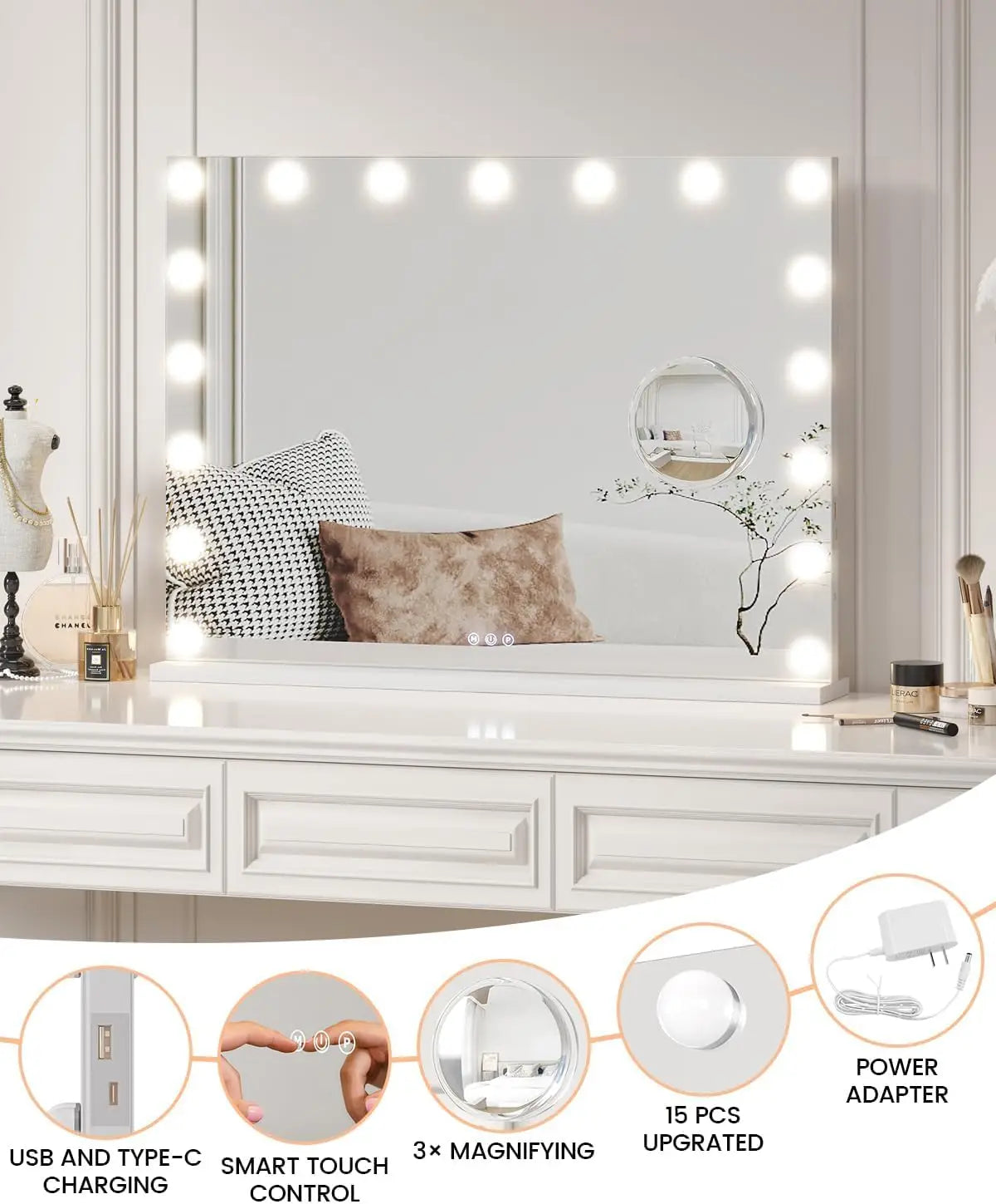 Vanity Mirror with Lights 17 Dimmable Led Bulbs Lighted 3 Color Modes Touch Control Makeup Mirror 3X Magnification