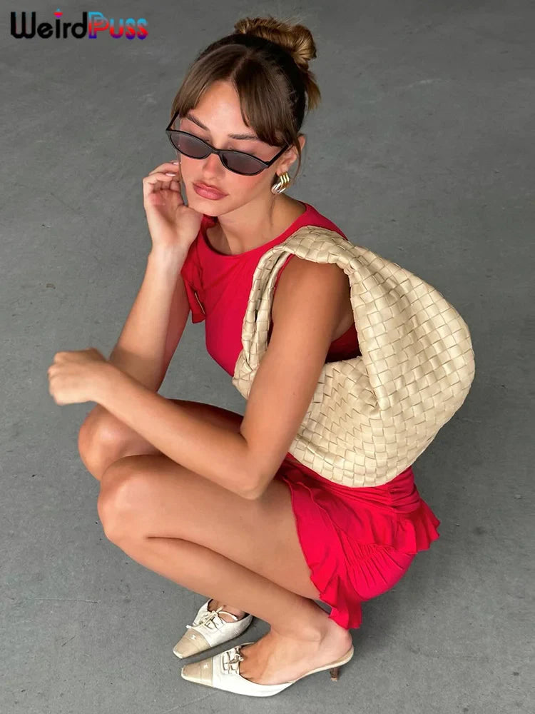 Women 2 Piece Set Double-Deck Pleated Tassel Mini Skirt+Bandage Slim Tank Top Festival Party Sexy Matching Outfits