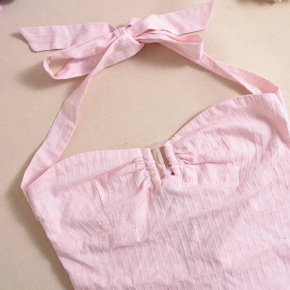 Stripe Crop Backless Halter Lace-Up Tank Top Woven Solid Color Chic Summer Sleeveless Slim Blouse Vest