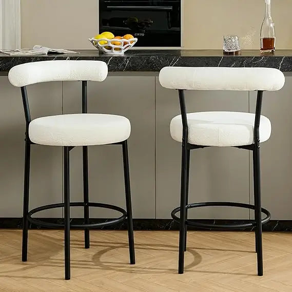 Modern Bar Stools Set of 2 Counter Height Bar stools with Curved Open Back 4'' Round Thick Upholstered Wrinkled Velvet Fabric Set