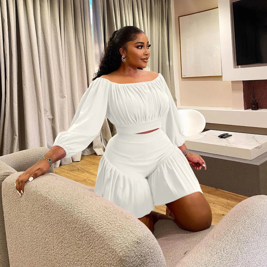 Plus Size Women's Set Long Sleeve Slash Neck T-Shirt and Shorts Summer Ruched Two 2 Piece Set Outfits Tracksuit