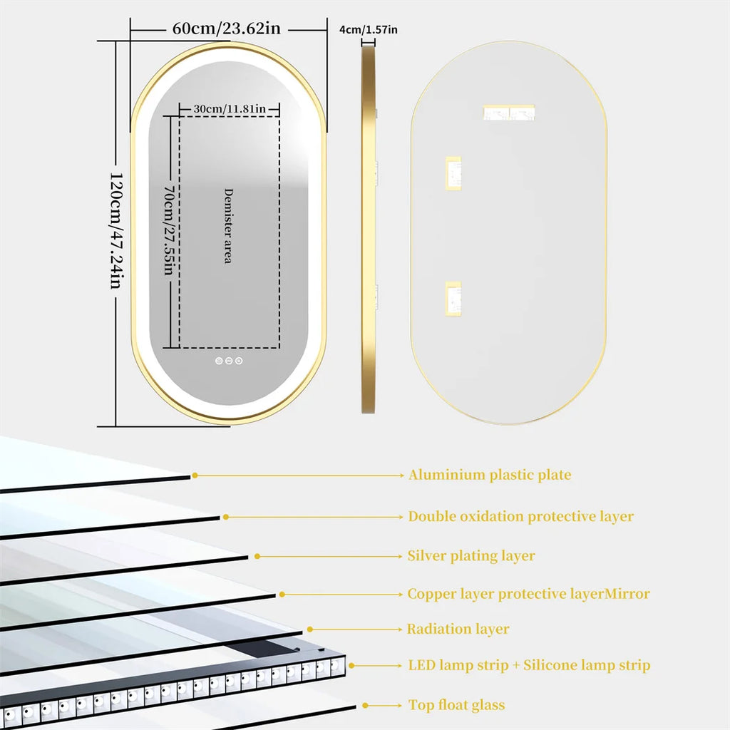 Luxury Oval Led Illuminated Bathroom Mirror Gold Aluminum Frame with Demister Pad