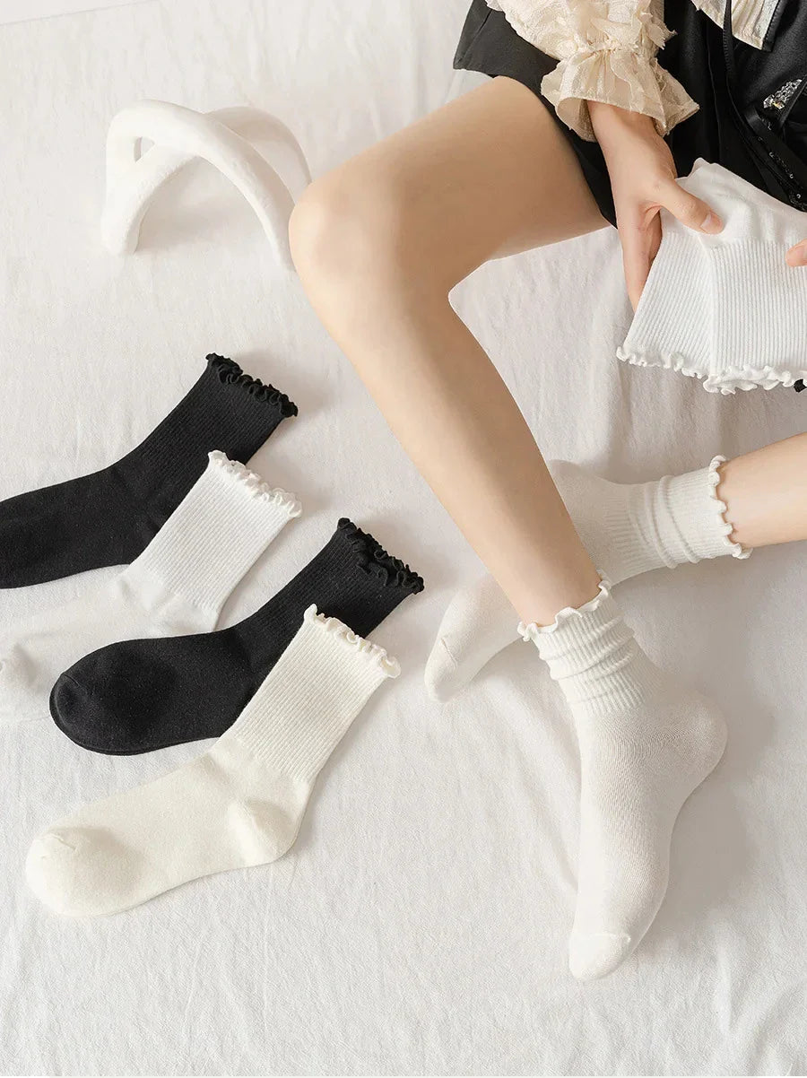 Pairs Lot Socks for Women Ruffle Middle Tube Ankle Short Breathable Black White Set Spring Autumn