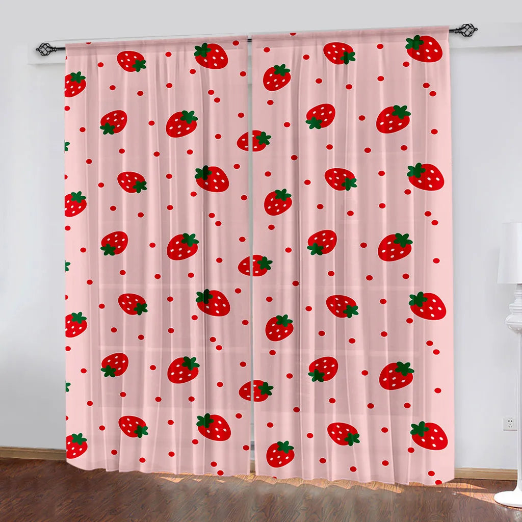 Strawberry Curtain Pink Cute Fruit Print Curtain Kawaii Room Decor Strawberries 1Set/2Pcs