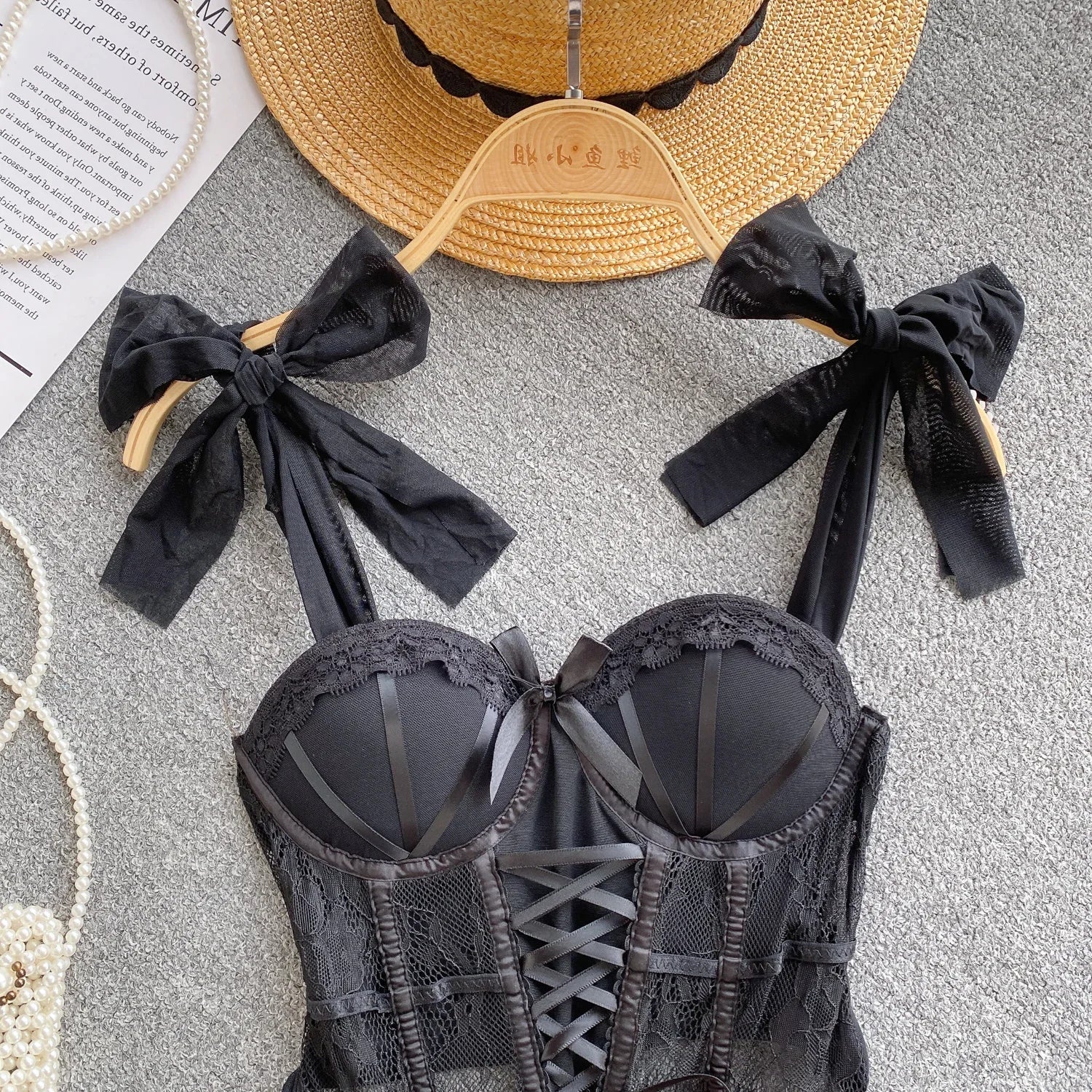 Spaghetti Strap Tank Top for Women Strapless Build in Bra Lace Patchwrok Tulle Bow Camis Summer Casual Female Camisoles