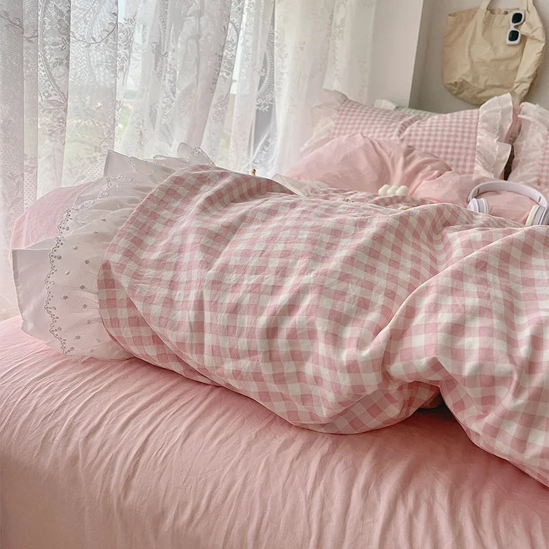 Plaid 3pcs Printed Bedding Set Lace Duvet Cover And 2pcs Pillowcases (no padding)