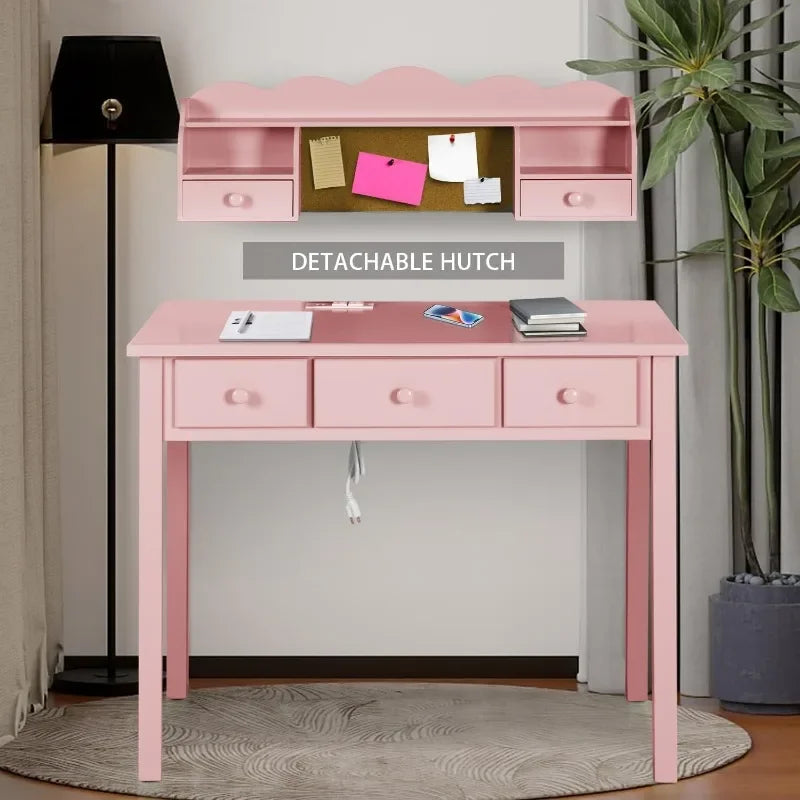 Pink NEW Home Office Furniture Writing Desk,Computer Work Station with Detachable Hutch, 5 Drawers Wood Guaranteed Authentic