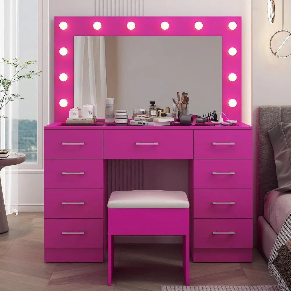 Makeup Table Vanity Desk with Mirror and Lights, Pink Makeup Vanity with  Stool, Drawers Mirror,Vanity Table with Stool