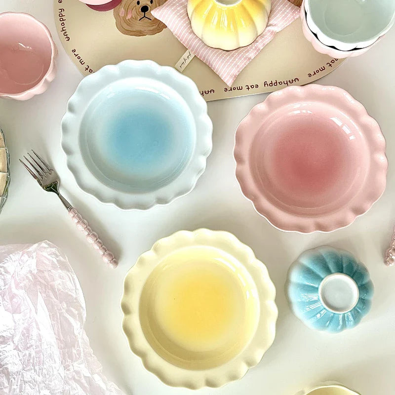 Cute Blush Gradient Plate Dessert Fruits and Vegetables Plate Yogurt Rice Bowl Underglaze Ceramic Tableware Set
