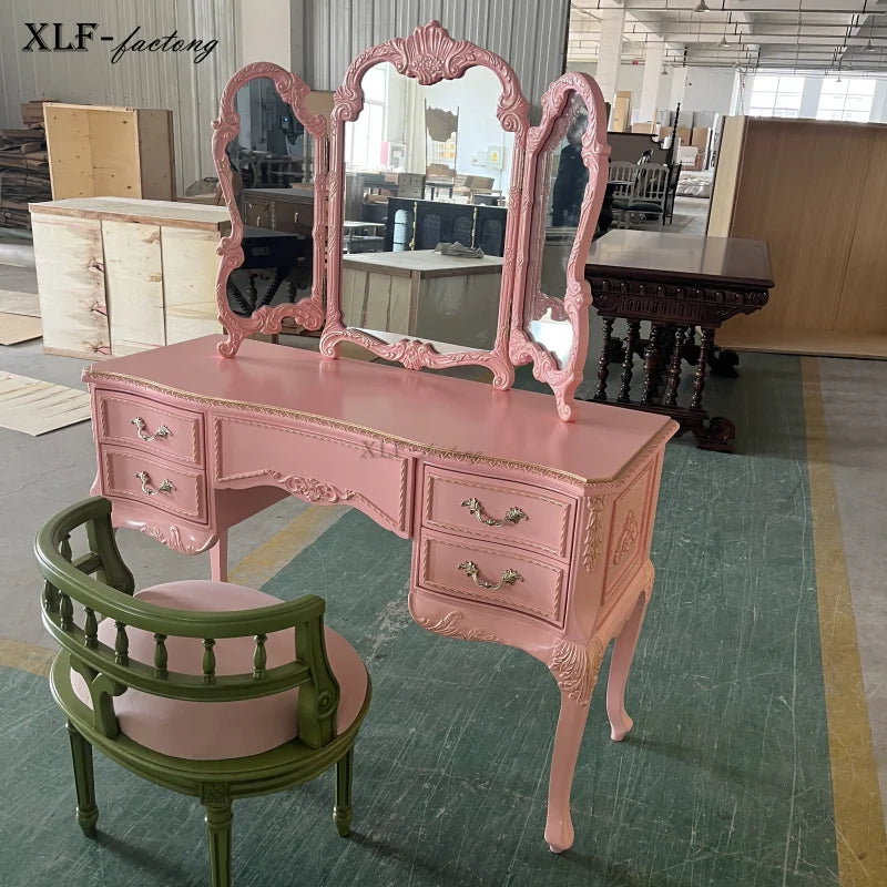 Retro Old Pink Dresser Nordic Makeup Stool Glass Combination European Solid Wood Carving Flower Dressing Table