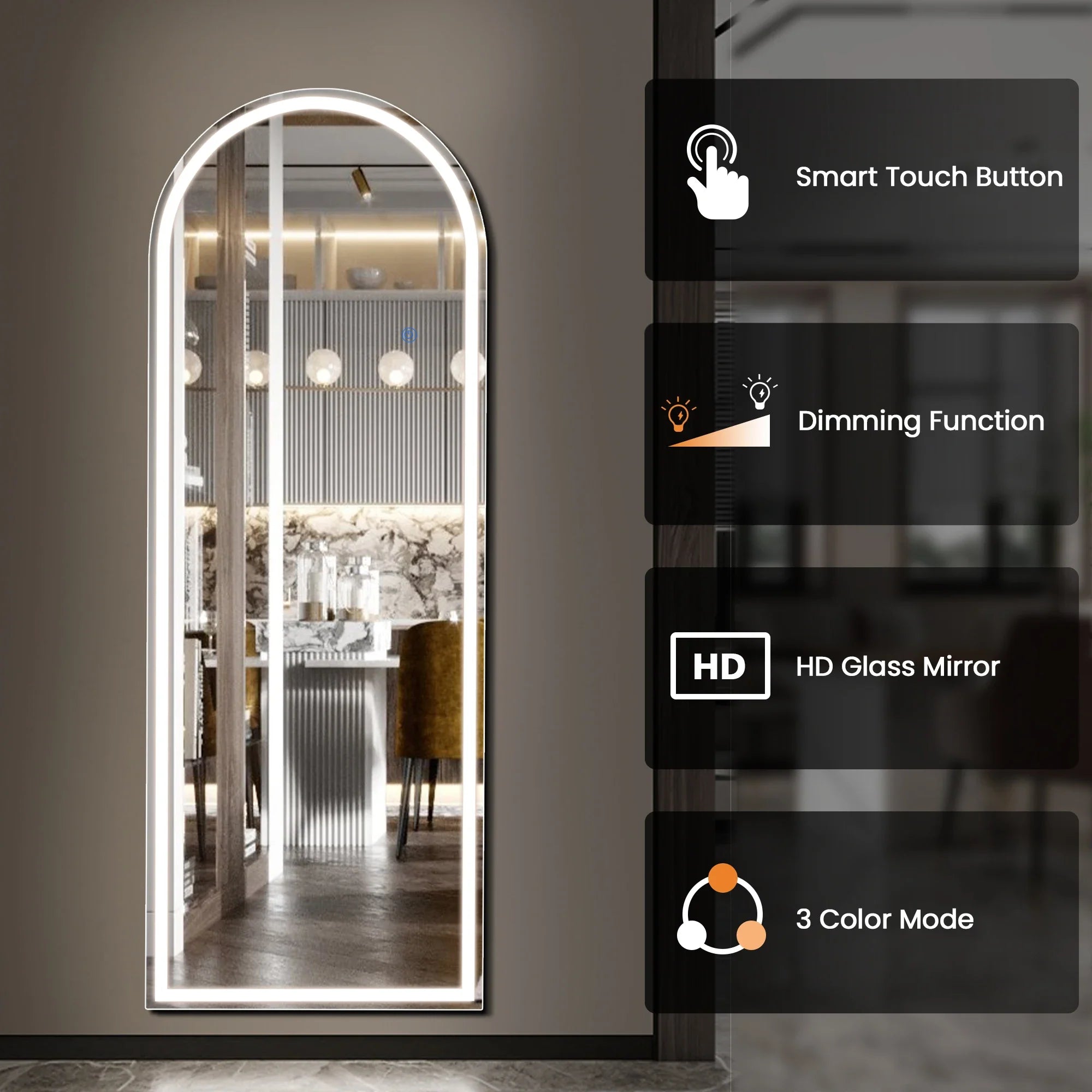 Led Dimming Full Length Mirror 3 Color Lighting Aluminum Alloy Frame Standing Hanging Floor Mirrors For Living Room  60"x16"