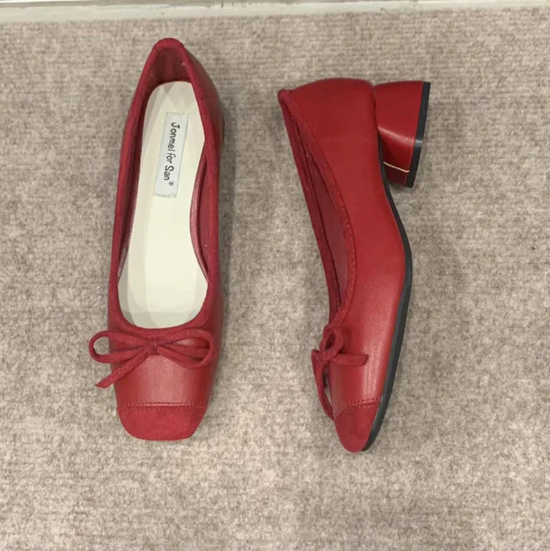 Fashion Elegant Red Ballerinas Women Pumps Slip on Loafers Round Toe Square Heels Bowknot Low Heel Shoes