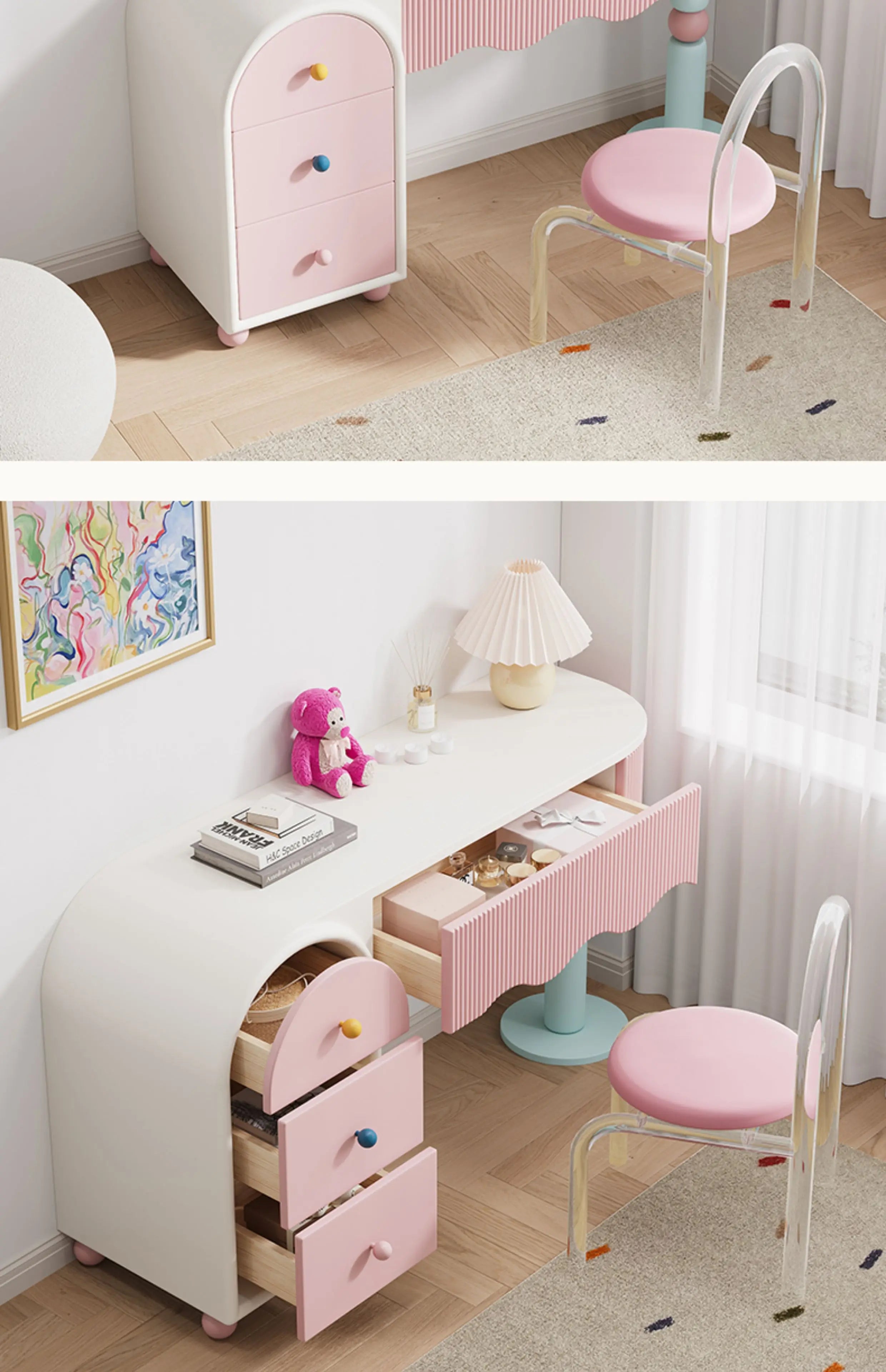 Pink Dresser, Bedroom Dresser, Cream Wind Solid Wood Integrated Chest Cabinet, Makeup Table, Storage Cabinet