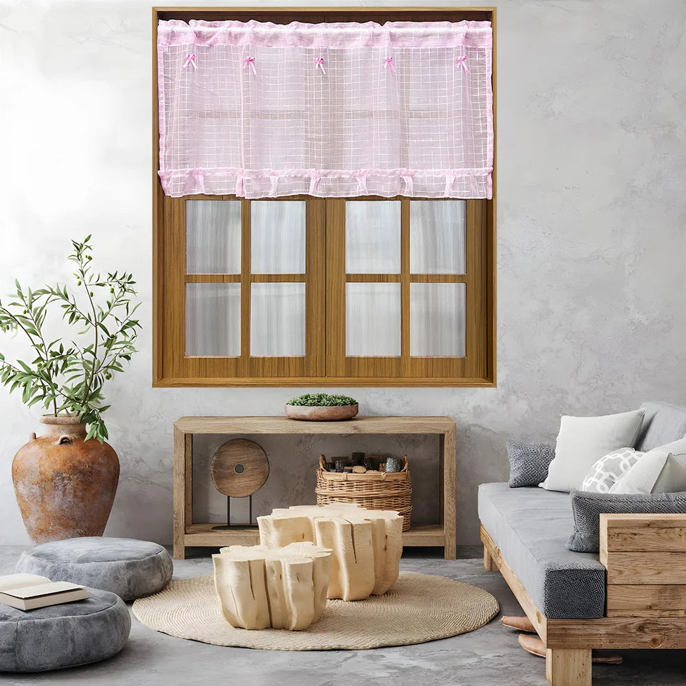 Pink Short Plaid Sheer Tulle Curtains lWindow Screens Voile Drapes Home Decor