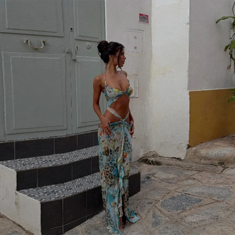 Women Sexy Printed Chic Sleeveless Hollow Out Halter Bodycon Mini Dress Ladies