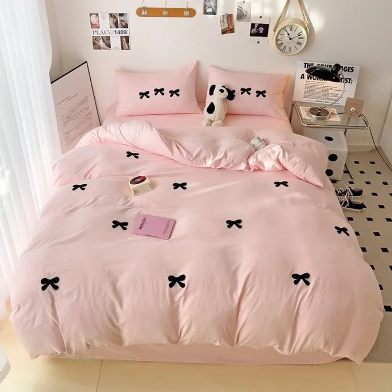 Girls Bedding Set with Bow Korean Breathable Duvet Cover No Filler Flat Sheet Pillowcases Mix Color Comforter Cover Set