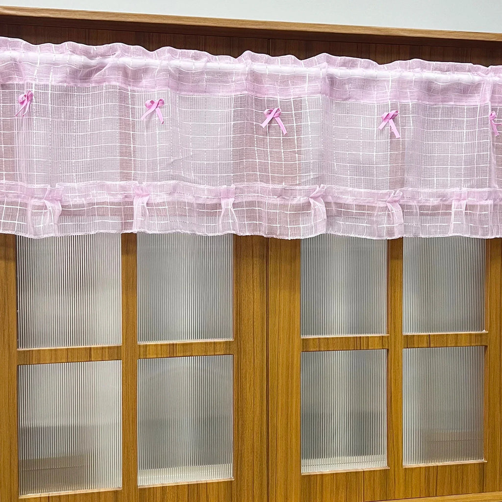 Pink Short Plaid Sheer Tulle Curtains lWindow Screens Voile Drapes Home Decor